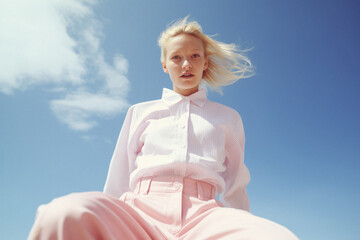 Portrait of a beautiful blonde girl in a pink against the blue sky