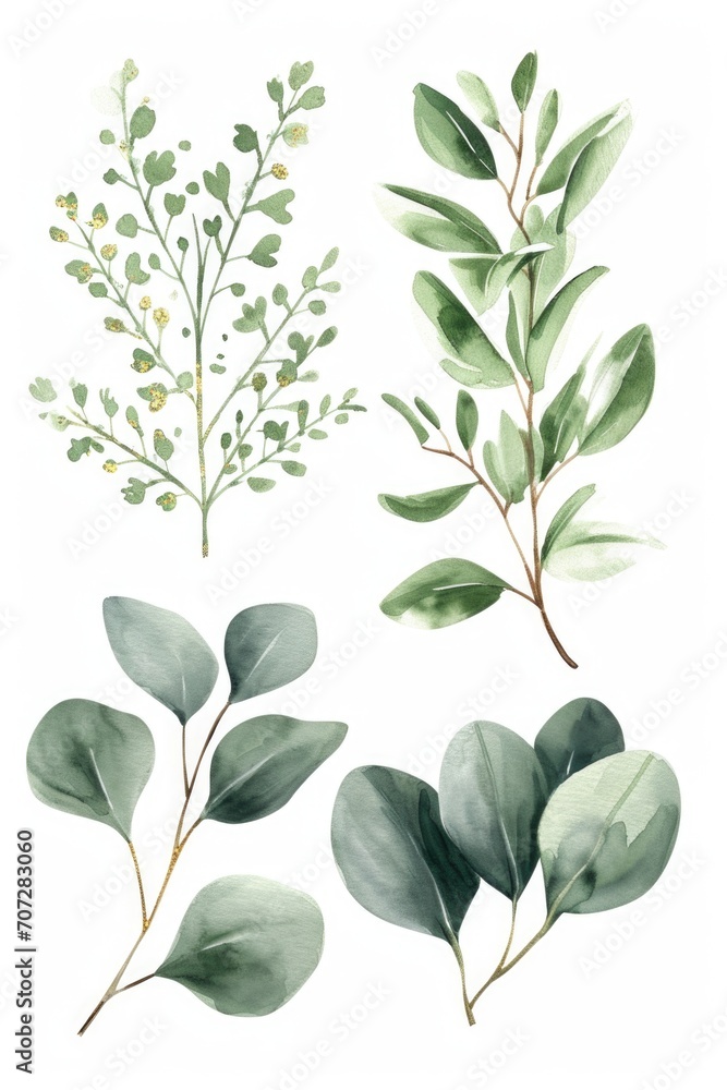 Poster a close-up image of a bunch of green leaves on a white background. this versatile picture can be use
