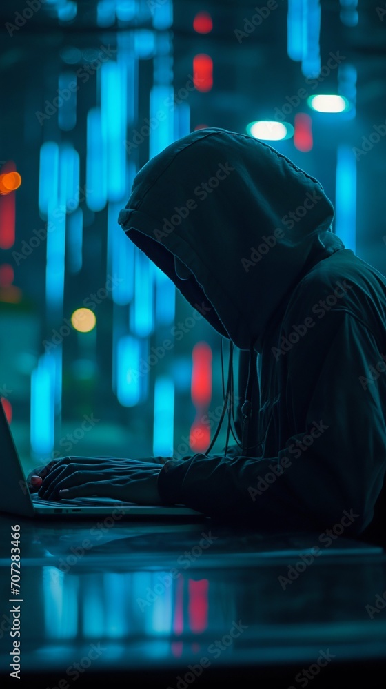Poster anonymous hacker with laptop in dark room. generative ai