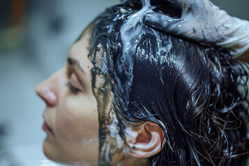 Hairdresser's hands in black gloves apply dye on the hair of a woman, Generative Ai