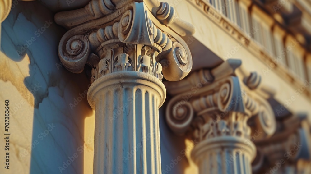Poster A detailed view of a building featuring columns. Ideal for architectural projects or historical references