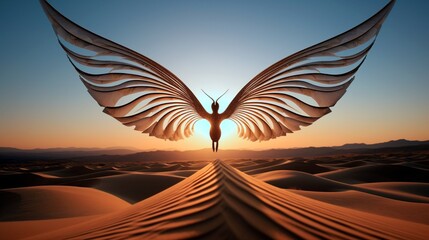 A fleeting moment captured as a sandbird takes flight from a desert palm, its wings creating a mesmerizing pattern in the air.