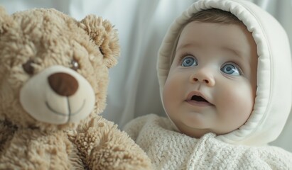 a baby dressed in a hood with a bear.