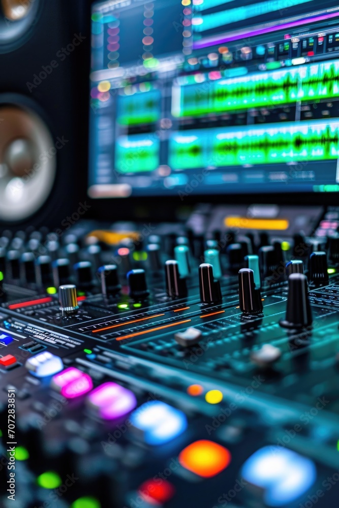 Aufkleber A close-up view of a mixing board with a monitor in the background. Perfect for music production or recording studio projects