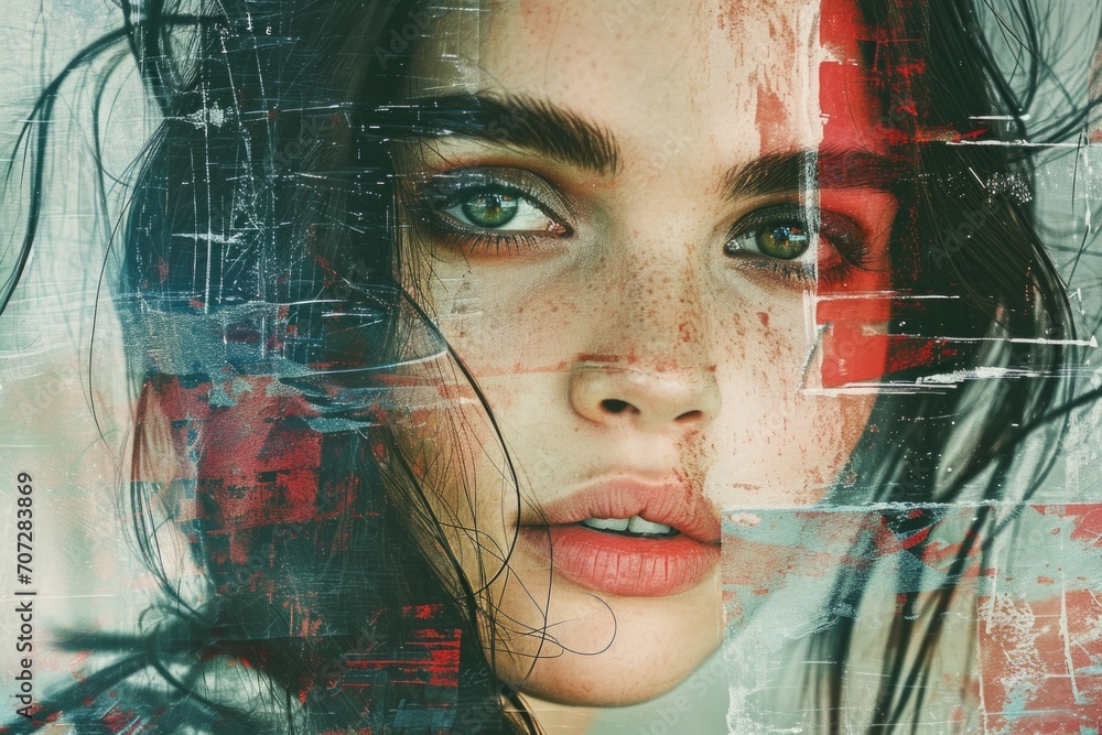 Poster Close up of a woman's face with a grunge effect. This image can add a raw and edgy vibe to any project