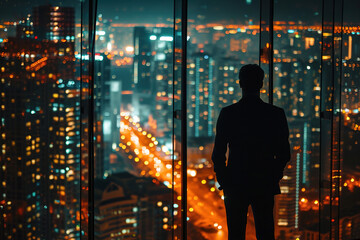 back view of a silhouette of a man in business suit holding his hands in his pockets in front of a window overlooking the city glowing at night