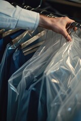 A person holding a pair of scissors in front of a rack of clothes. This image can be used to represent fashion design, tailoring, or clothing alterations - obrazy, fototapety, plakaty