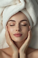 A woman wearing a towel on her head, ready for a spa or beauty treatment. This image can be used to depict self-care, relaxation, or personal grooming