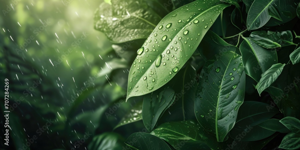 Poster a detailed view of a leaf covered in sparkling water droplets. perfect for nature and macro photogra