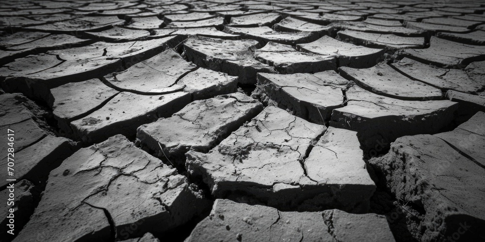 Poster a black and white photo capturing the cracked texture of the land. suitable for various uses