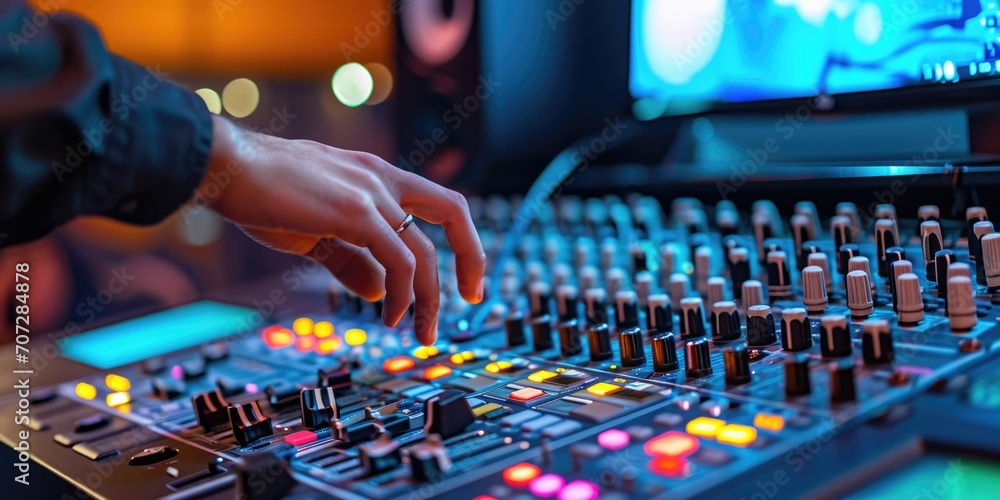 Poster A person operating a sound mixer in a professional recording studio. Ideal for showcasing the process of audio production and music recording