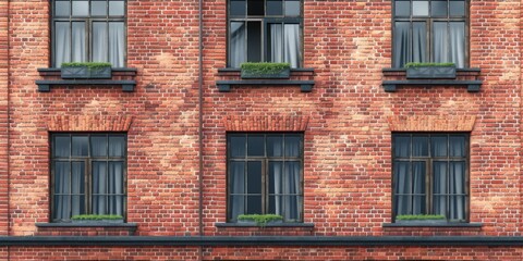 Obraz premium A picture of a red brick building with windows, adorned with plants. Perfect for architectural, urban, or environmental themes