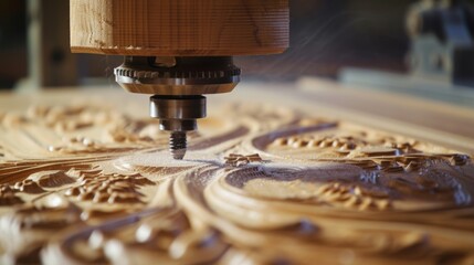 A detailed view of a machine in operation, working on a piece of wood. Ideal for showcasing the precision and craftsmanship involved in woodworking projects