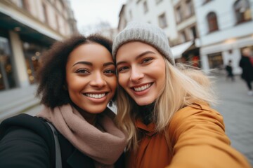 Smiling portrait of a young lesbian couple taking selfie in the city