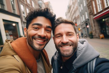 Naklejka premium Close up of a young gay couple taking selfie in the city