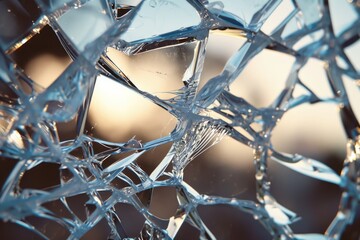 A detailed view of a shattered glass window. Suitable for illustrating vandalism, accidents, or home repairs.