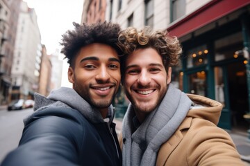Naklejka premium Close up of a young gay couple taking selfie in the city