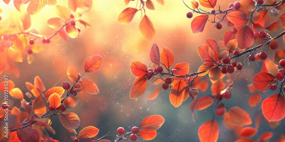 Poster A close-up view of a bunch of leaves and berries. Can be used for nature-themed designs or as a background element.