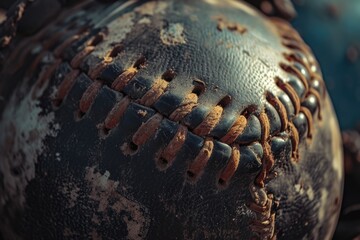 A close-up view of a worn baseball with a blue ball in the background. Perfect for sports enthusiasts or as a symbol of nostalgia - obrazy, fototapety, plakaty