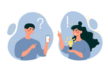 People thinking concept. Man and woman with question and exclamation marks. Mental health and psychology. Young guy and girl with logical processes. Cartoon flat vector illustration