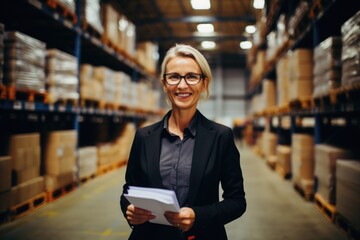 Portrait of a middle aged businesswoman holding clipboard in warehouse
