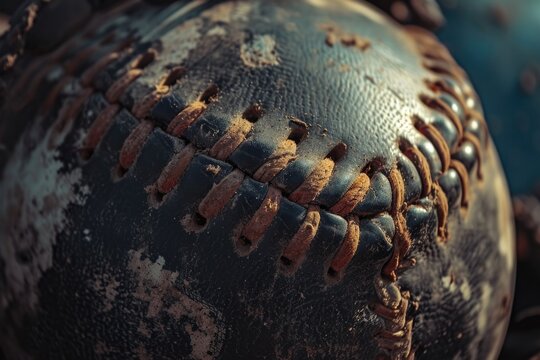 A close-up view of a worn baseball with a blue ball in the background. Perfect for sports enthusiasts or as a symbol of nostalgia