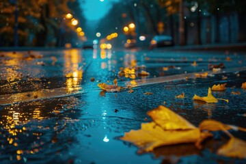 A picture of a wet street with yellow leaves scattered on the ground. Suitable for autumn-themed designs and nature-related projects