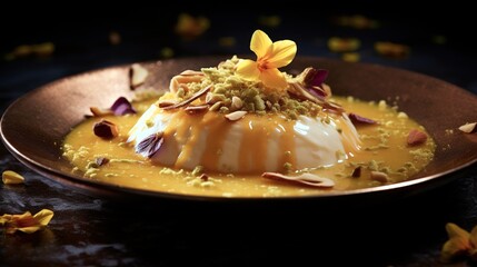A dynamic composition showcasing the interplay of textures and flavors in rasmalai immersed in a fragrant saffron-infused syrup.