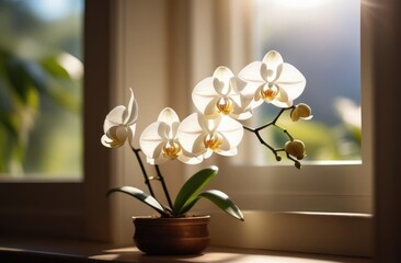 Beautiful white orchid standing on the windowsill by the window