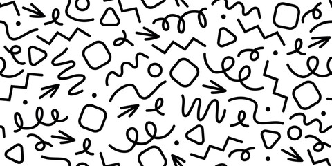 Fun abstract line doodle shape seamless monochrome pattern. Minimalist style art for children with modern shapes. Simple childish drawing scribble decoration.