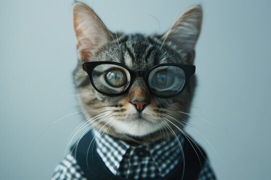 A cat wearing glasses and a tie. This image can be used for various purposes