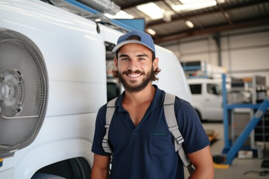 Portrait of a young male technician working on air control unit