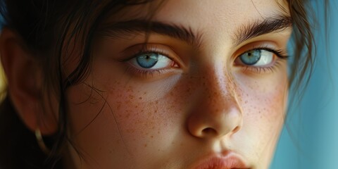 Fototapeta premium Close up of a woman with freckles on her face. Suitable for beauty and skincare concepts