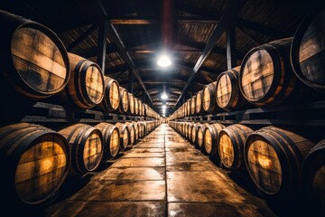 Rows of Aging Whiskey Barrels in a Distillery Warehouse