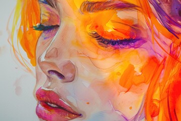 A painting of a woman with vibrant orange hair. This artwork captures the beauty and uniqueness of the subject's hair color. Perfect for adding a pop of color to any space