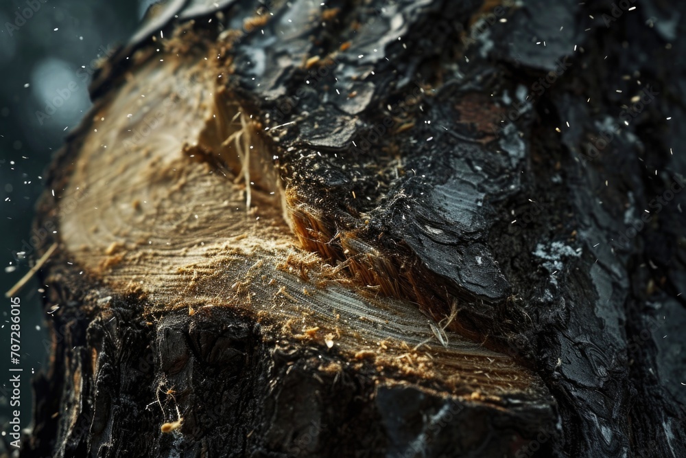 Poster A picture of a tree that has been cut down with a chainsaw. This image can be used to depict deforestation or the process of logging.