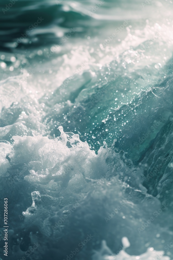 Poster a detailed view of a powerful wave in the ocean. this image captures the raw energy and beauty of th