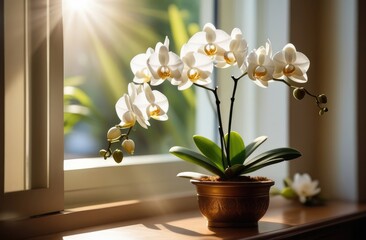 Beautiful white orchid standing on the windowsill by the window