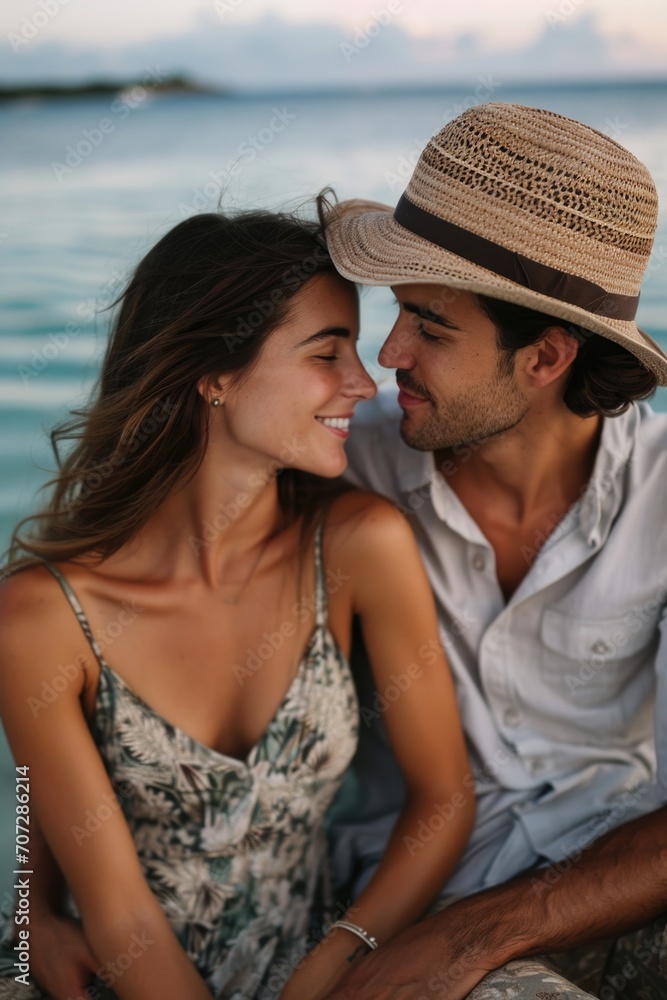 Poster a man and a woman sitting next to each other. suitable for various concepts and themes