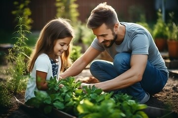Family Gardening Together in the Sunshine. Generative ai