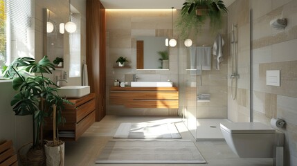 A bathroom featuring a bathtub, sink, and mirror. Perfect for showcasing a modern and stylish bathroom design.