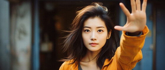 Naklejka premium Young beautiful asian hipster woman in yellow jacket posing in city