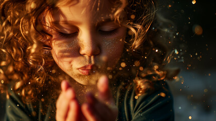 child blowing on sparkling glitters at sunset 