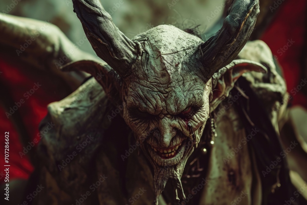 Poster A close up view of a demon with menacing horns. Perfect for Halloween-themed projects or horror illustrations