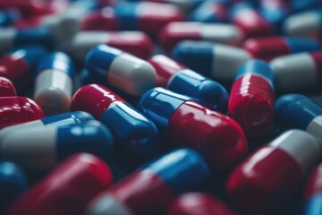 A collection of red, white, and blue pills. Versatile image suitable for medical, pharmaceutical, or healthcare-related content - obrazy, fototapety, plakaty