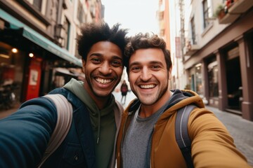 Fototapeta na wymiar Close up of a young gay couple taking selfie in the city