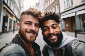 Close up of a young gay couple taking selfie in the city