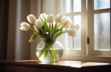 Bouquet of white tulips by the window. Spring, holiday, holiday with March 8, Mother's Day, birthday