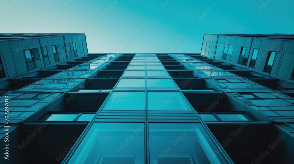 Aufkleber a picture of a tall building with numerous windows against a beautiful sky background. suitable for 
