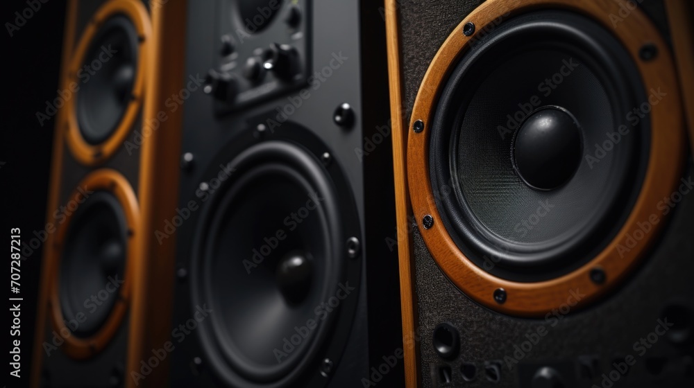 Poster a detailed close-up view of a pair of speakers. this image can be used to illustrate audio equipment